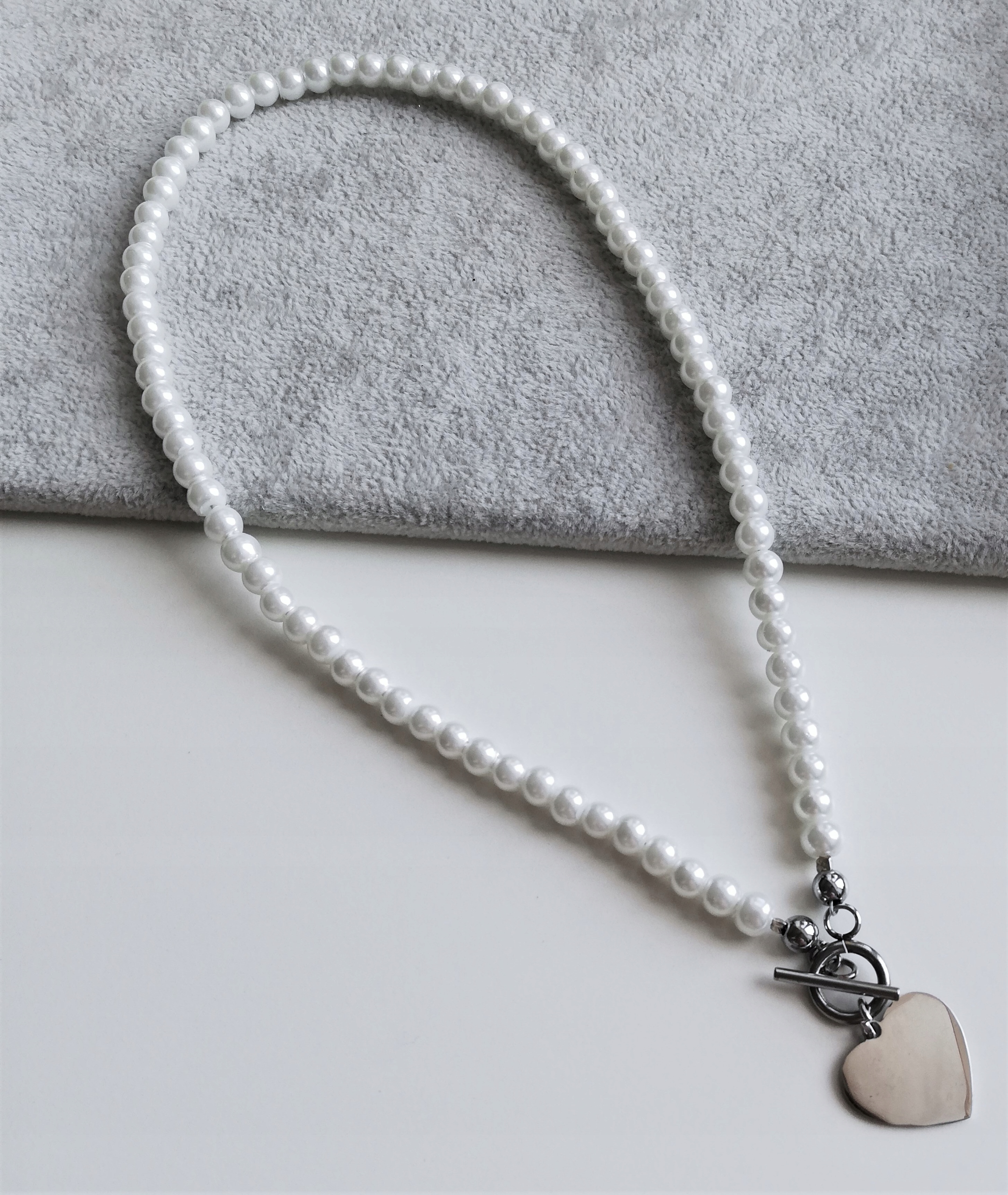 náhrdelník perly 6mm Velké Srdce stříbrná ocel 45cm