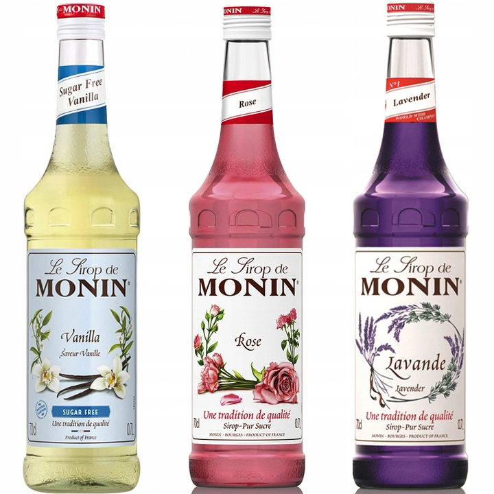 3x Syrop Monin Vanilla Sugar Free, Rose, Lavender Lavendowy 700 ml