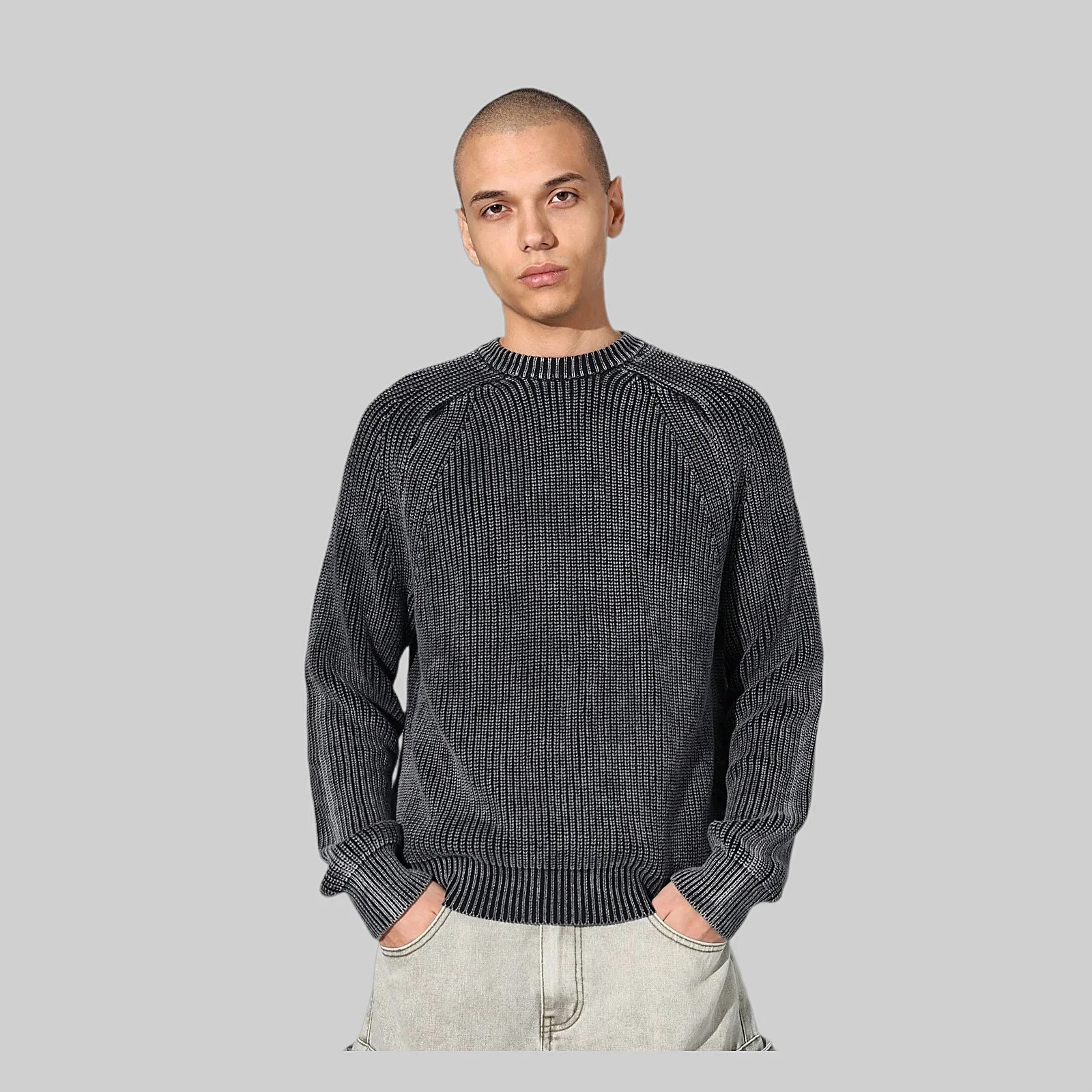Pánský Svetr pruhovaný stylový, módní šedý casual sumwon L