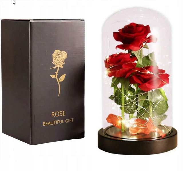 WIECZNA RÓŻA W SZKLE ŚWIATEŁKA LED TRZY RÓŻE