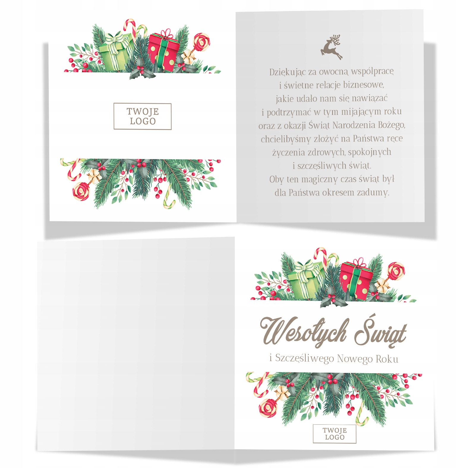 KARTKA ŚWIĄTECZNA FIRMOWA BIZNESOWA TWOJE LOGO + KOPERTA ZIELONE PREZENT Marka Wyczaruj Prezent