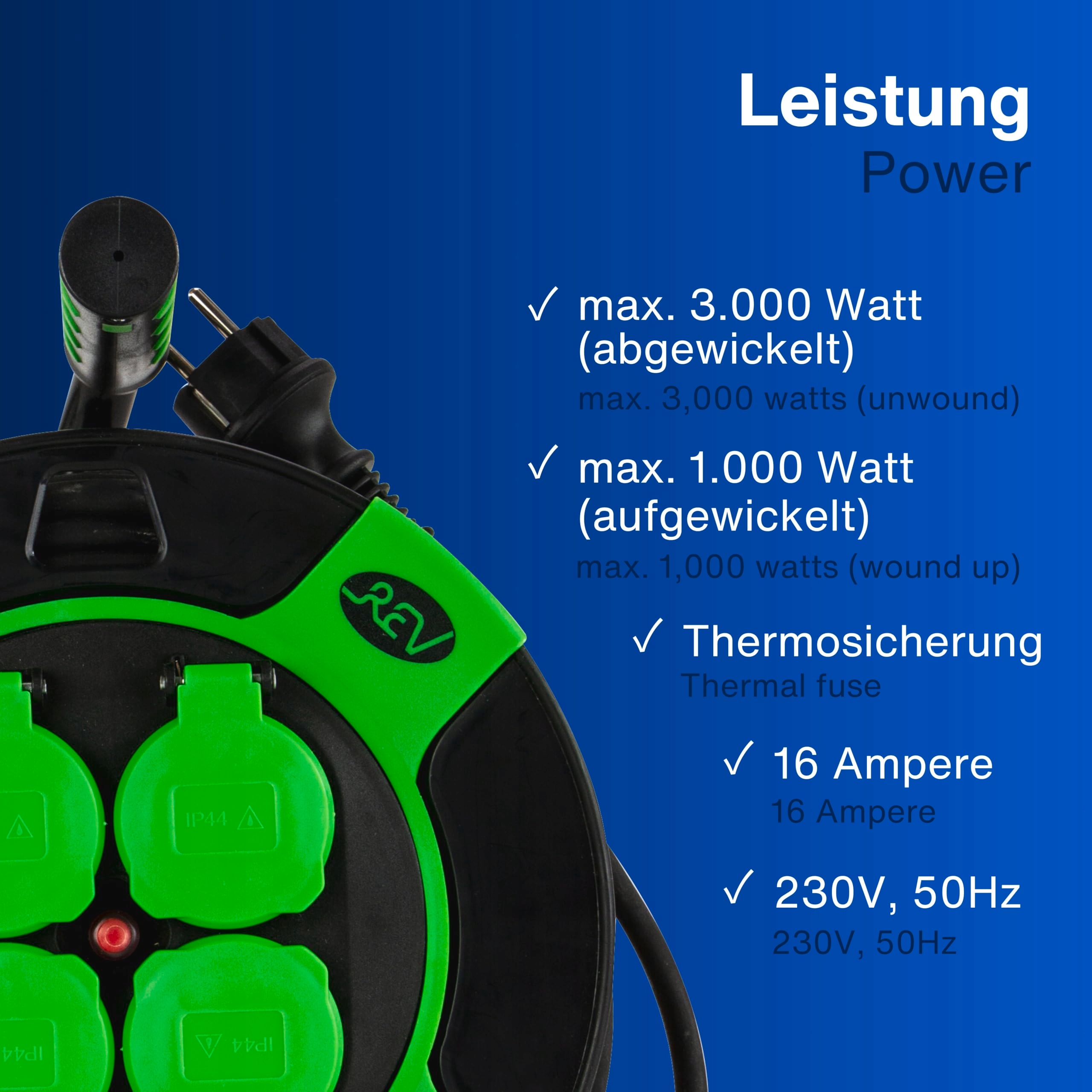 REV Kabel Bębnowy 25m H05RR IP44 3000W Do Użytku Zewnętrznego 4 Gniazda — miniatura 9