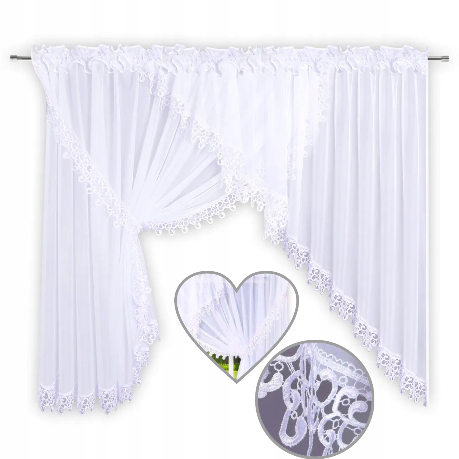 Záclona s jemnou krajkou, s možností stažení stuhou, bílá, levá, 400x150 cm Lg 77