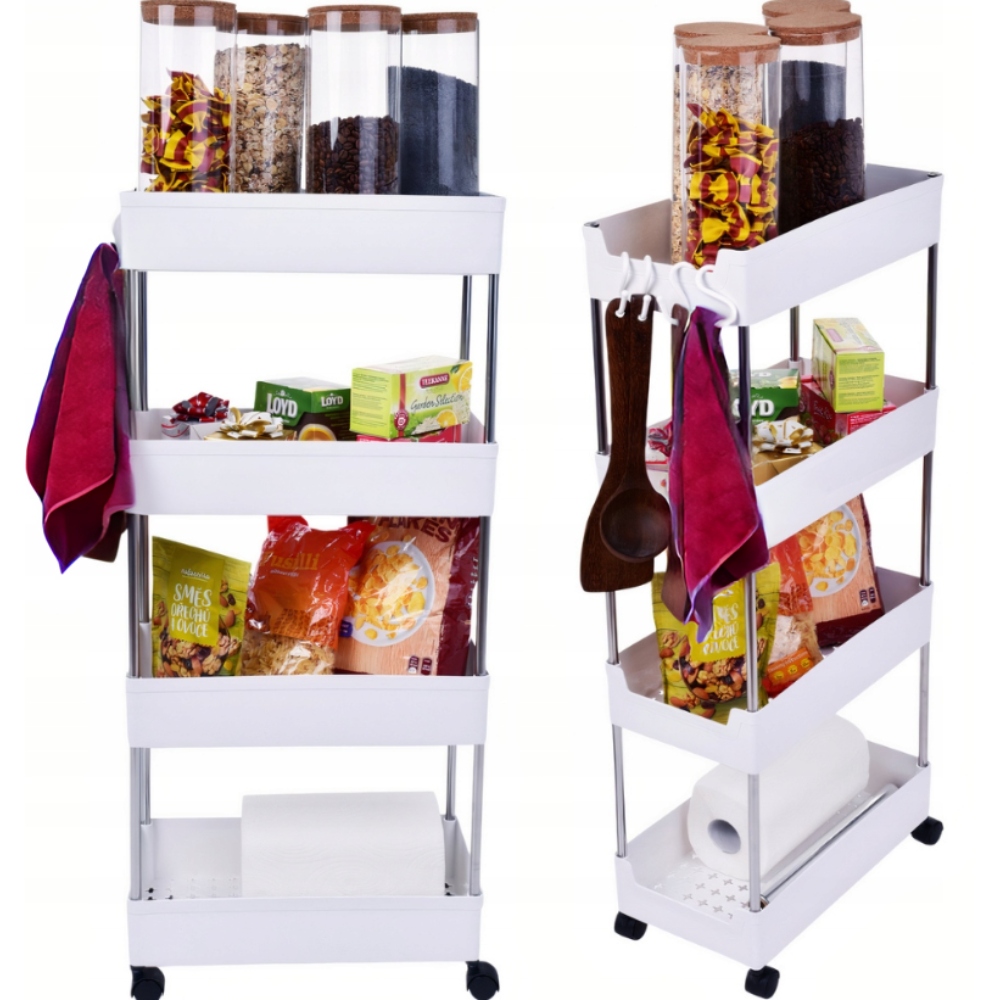 PÓŁKA ŁAZIENKOWA KUCHENNA SZAFKA NA KÓŁKACH REGAŁ 4 POZIOMOWY Z HACZYKAMI