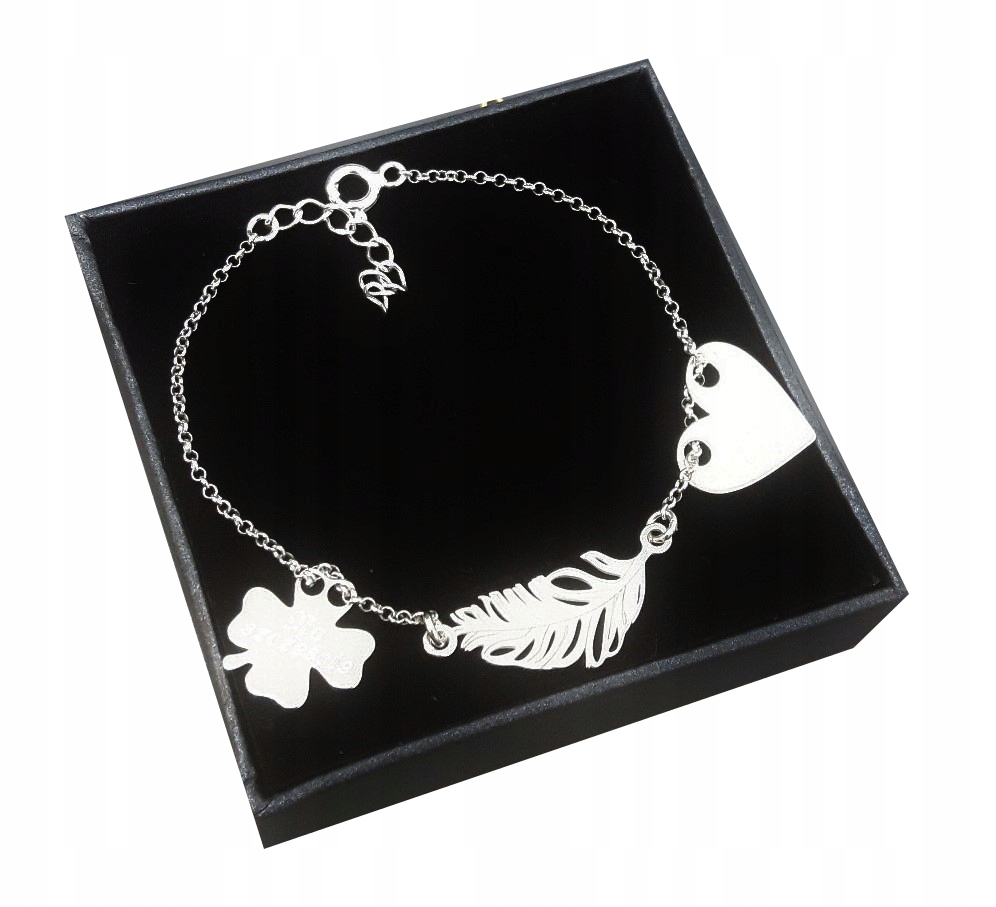 

Srebrna bransoletka 3 zawieszki piórko Grawer 925