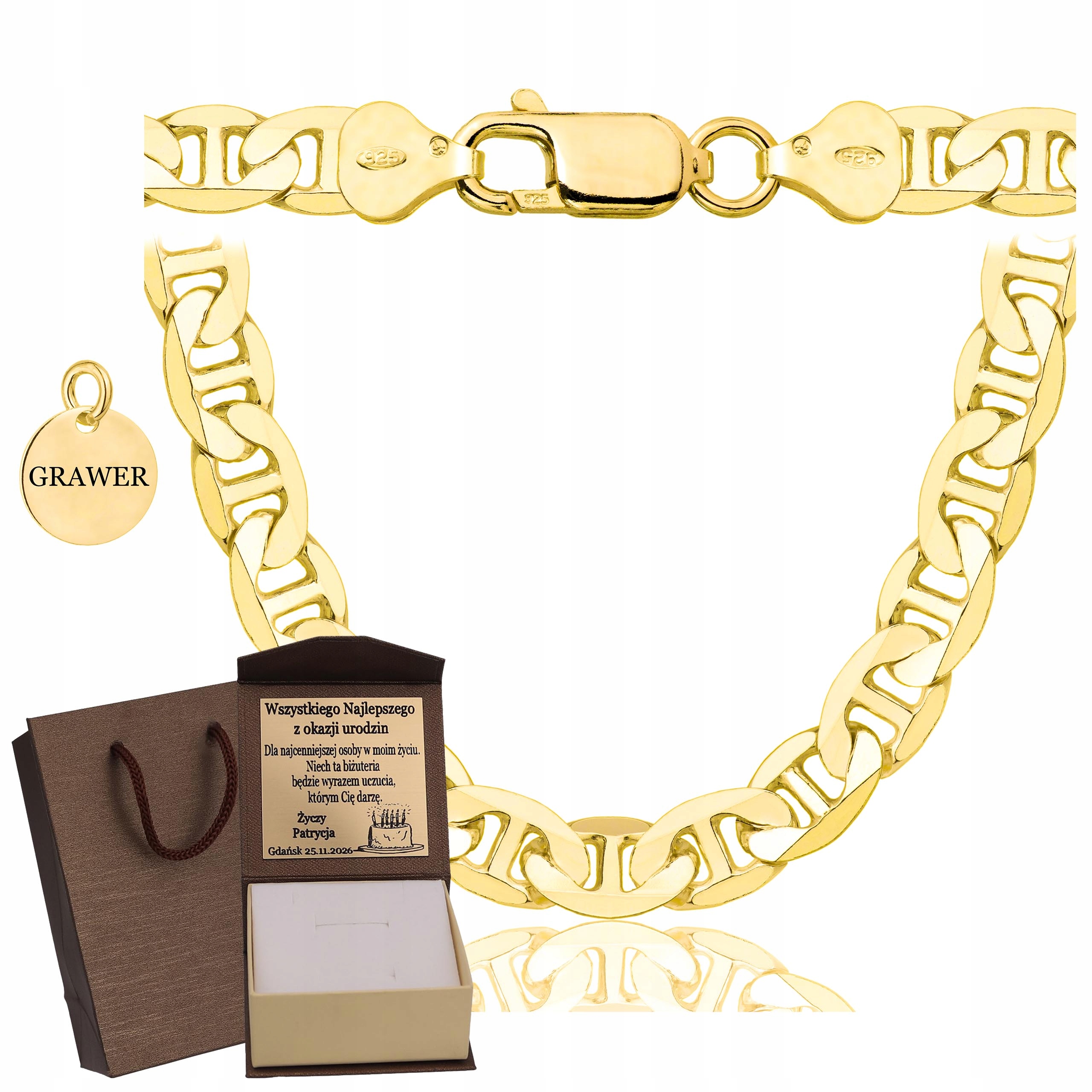 Złoty Pełny Łańcuszek Męski Gucci Pr. 925 585 Solidny Grawer