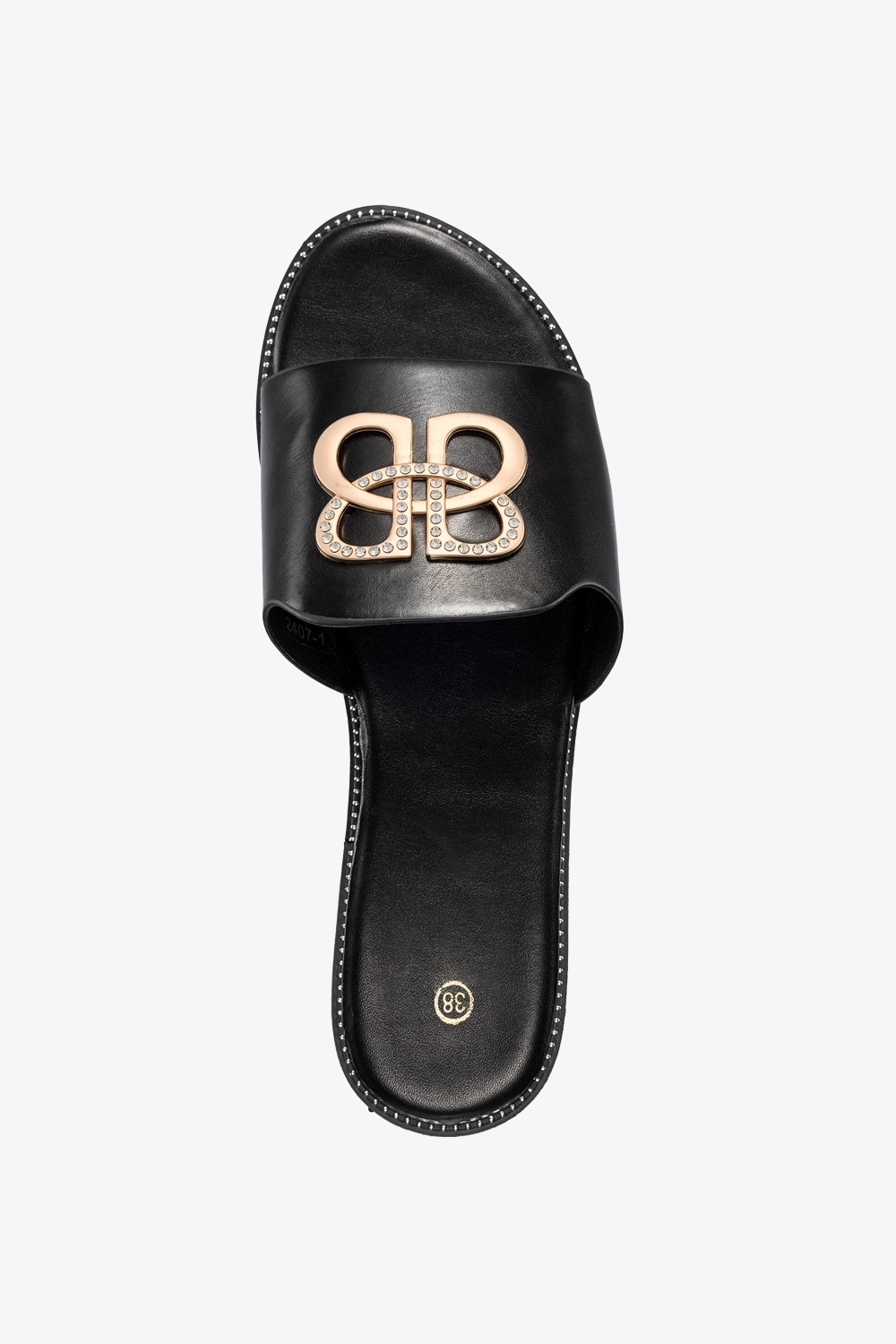 CZARNE KLAPKI DAMSKIE Z SZEROKIM PASKIEM ZE ZŁOTĄ OZDOBĄ PŁASKIE r 38 Rozmiar 38