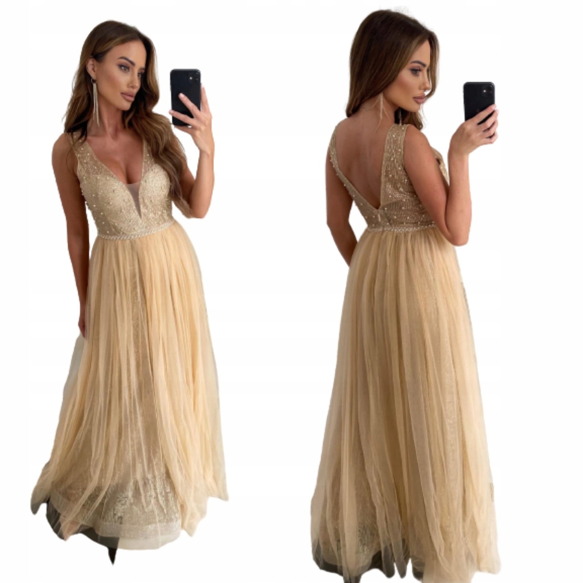 Šaty Dlouhé Tylové Gold Zlaté 38