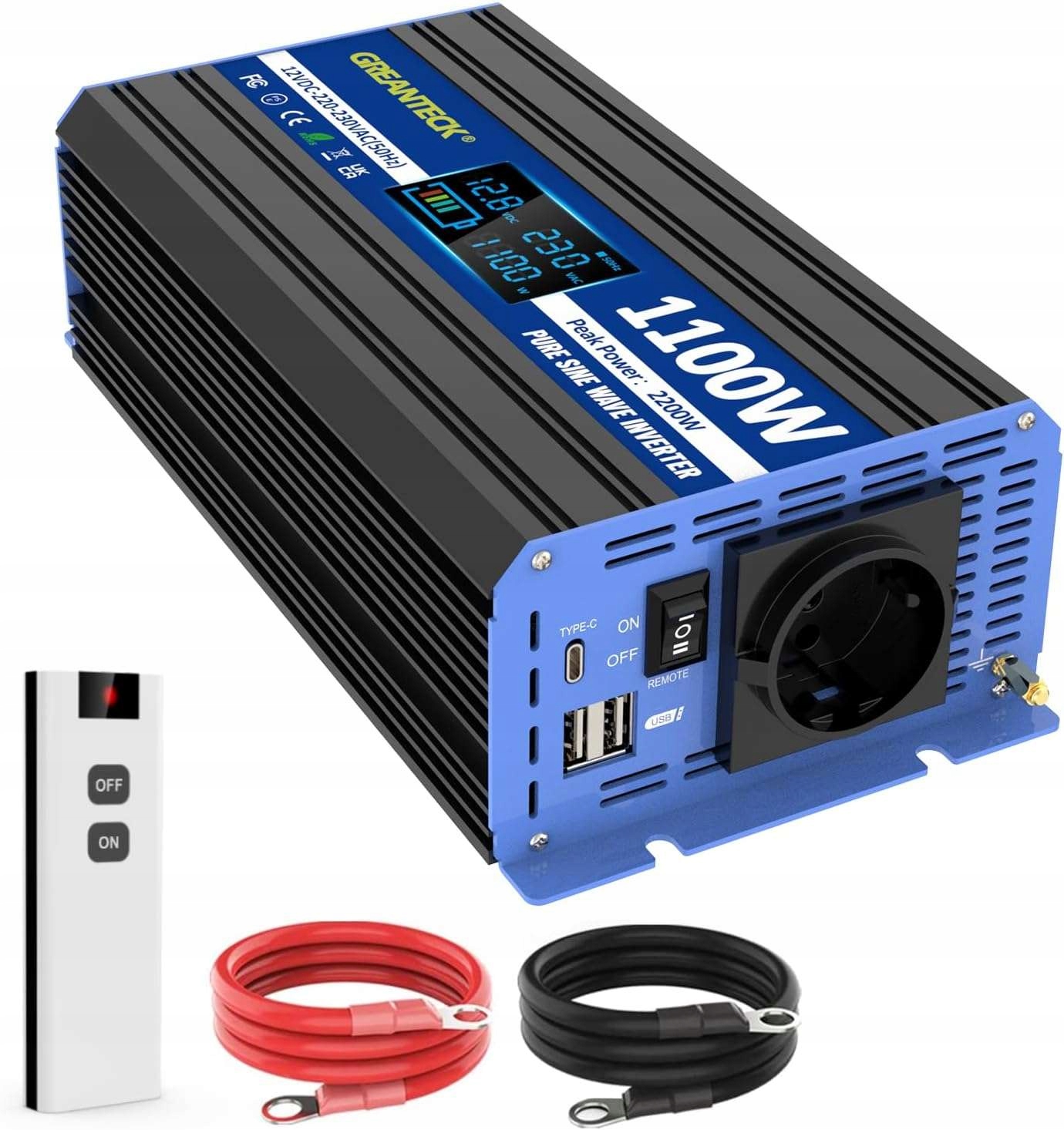 Sínusový menič 1100 W s diaľkovým ovládaním 12 V až 230 V, zásuvka, Usb porty