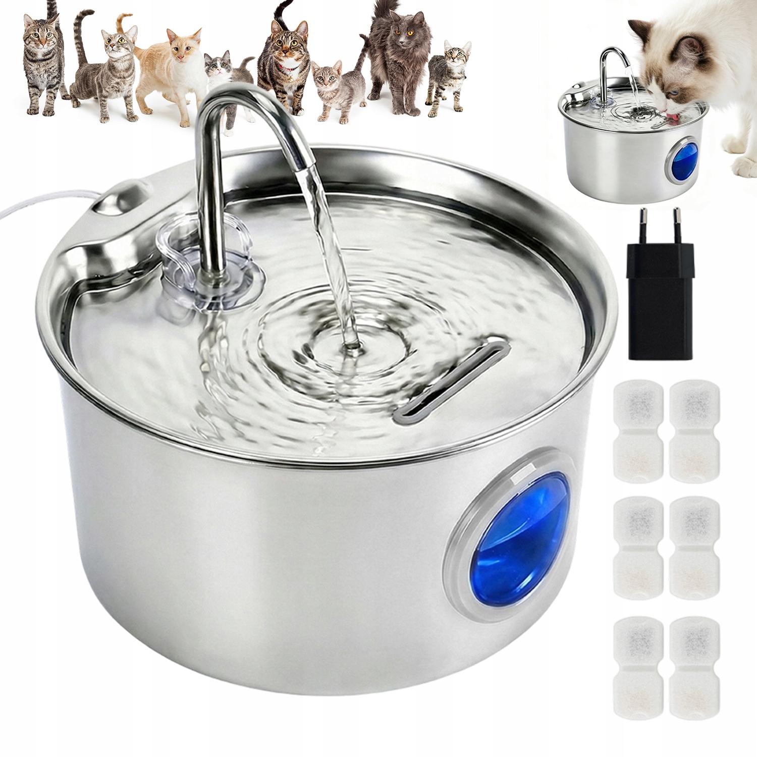 Fontána Pro Kočky Psa 2.6 L Nerezová Ocel Filtr 6 Náplní Tichý Chod