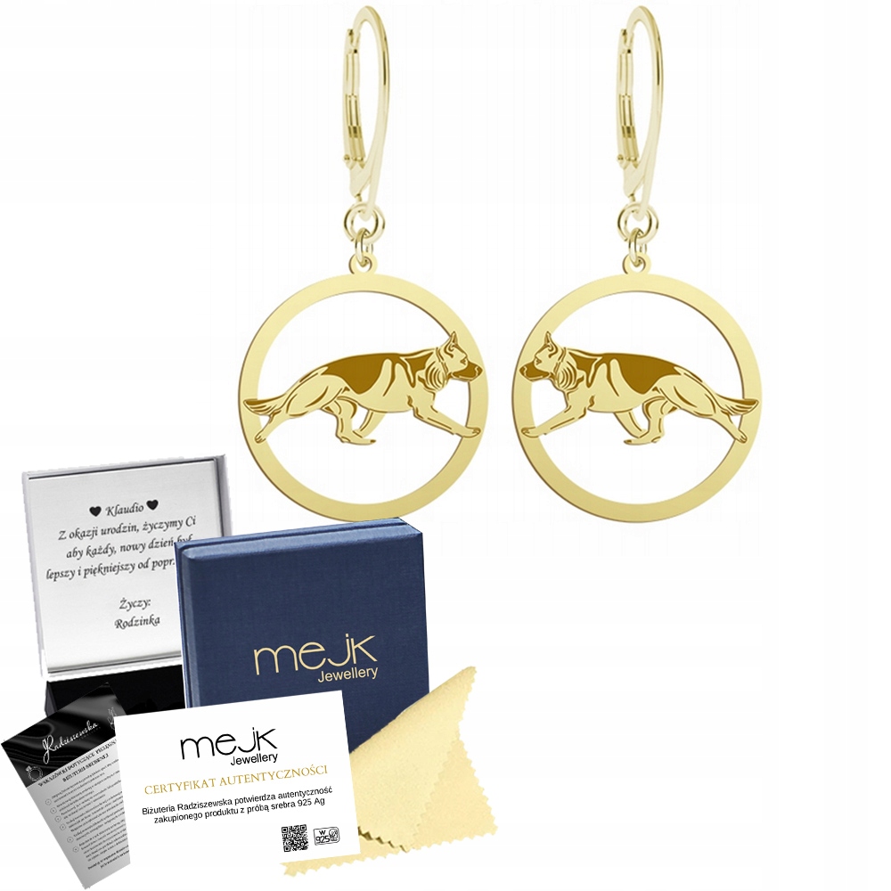 Náušnice Zlaté se psem Německý ovčák 925 Dárek Žena Gravírování Bonus