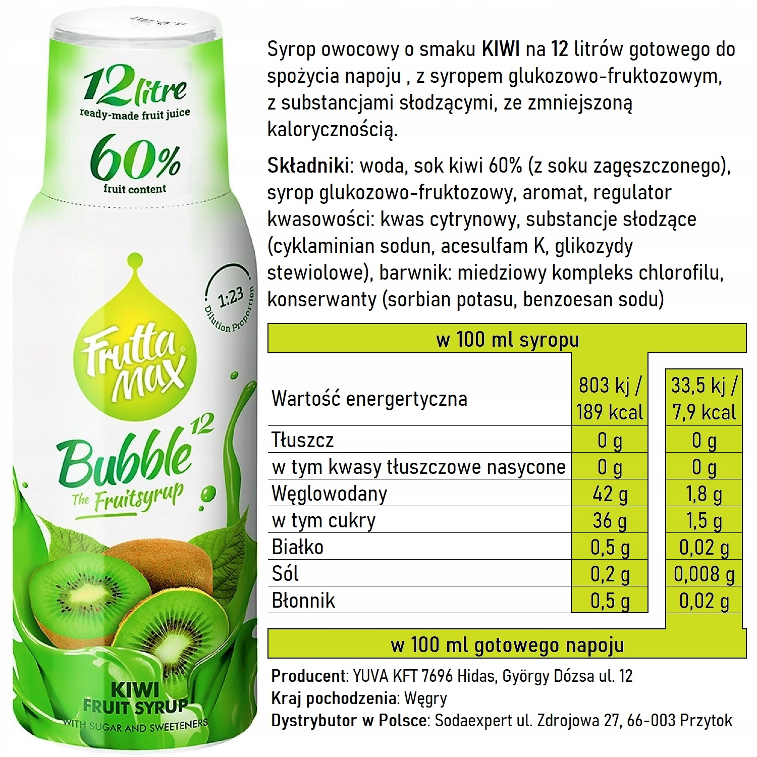 Zestaw 3 syropów do saturatora Jabłko Śliwka Cynamon + Tonic + Kiwi Waga produktu z opakowaniem jednostkowym 2.3 kg