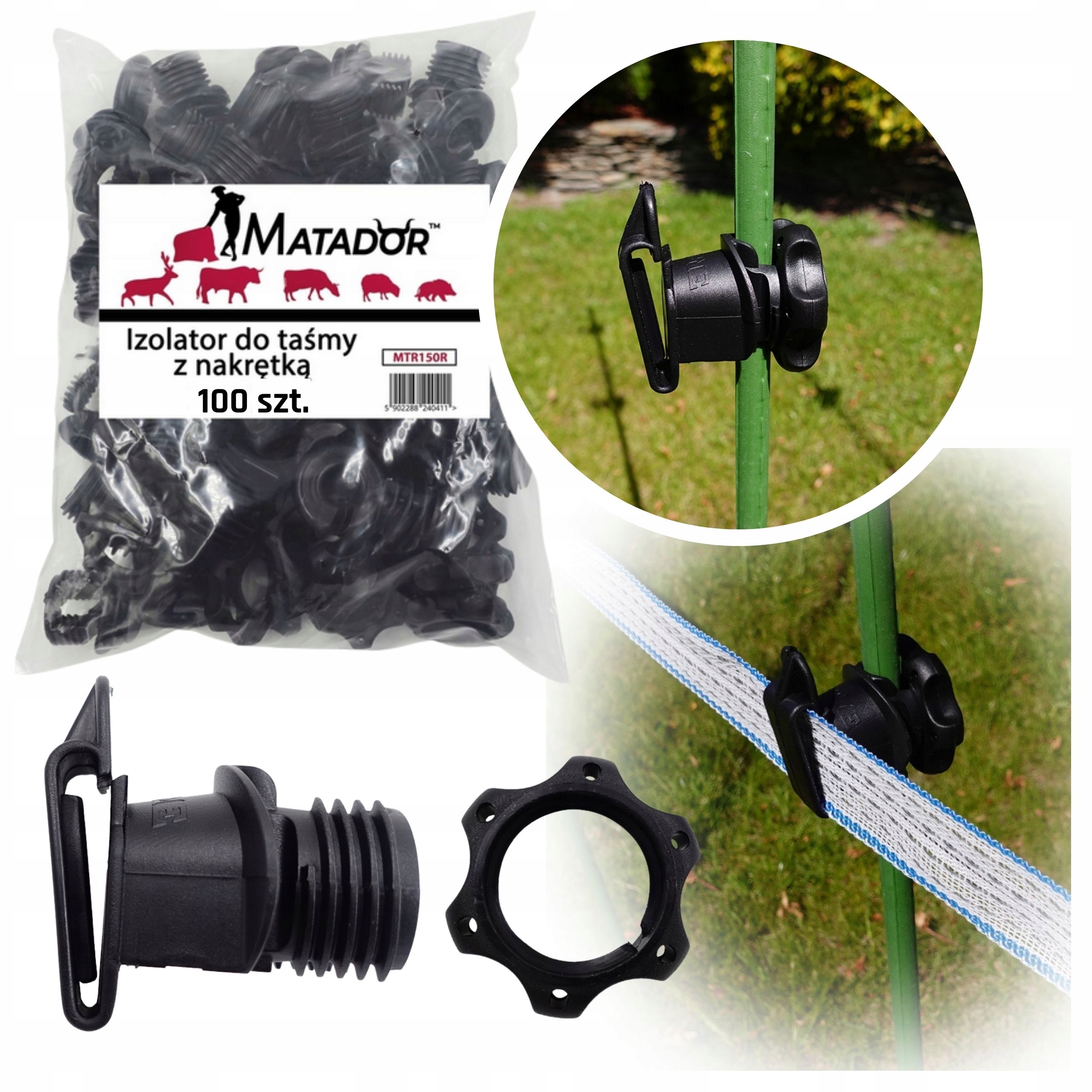 100x Izolator Do Taśmy Z Nakrętką Do Słupków Nakręcany Paliki Pastuch Konie