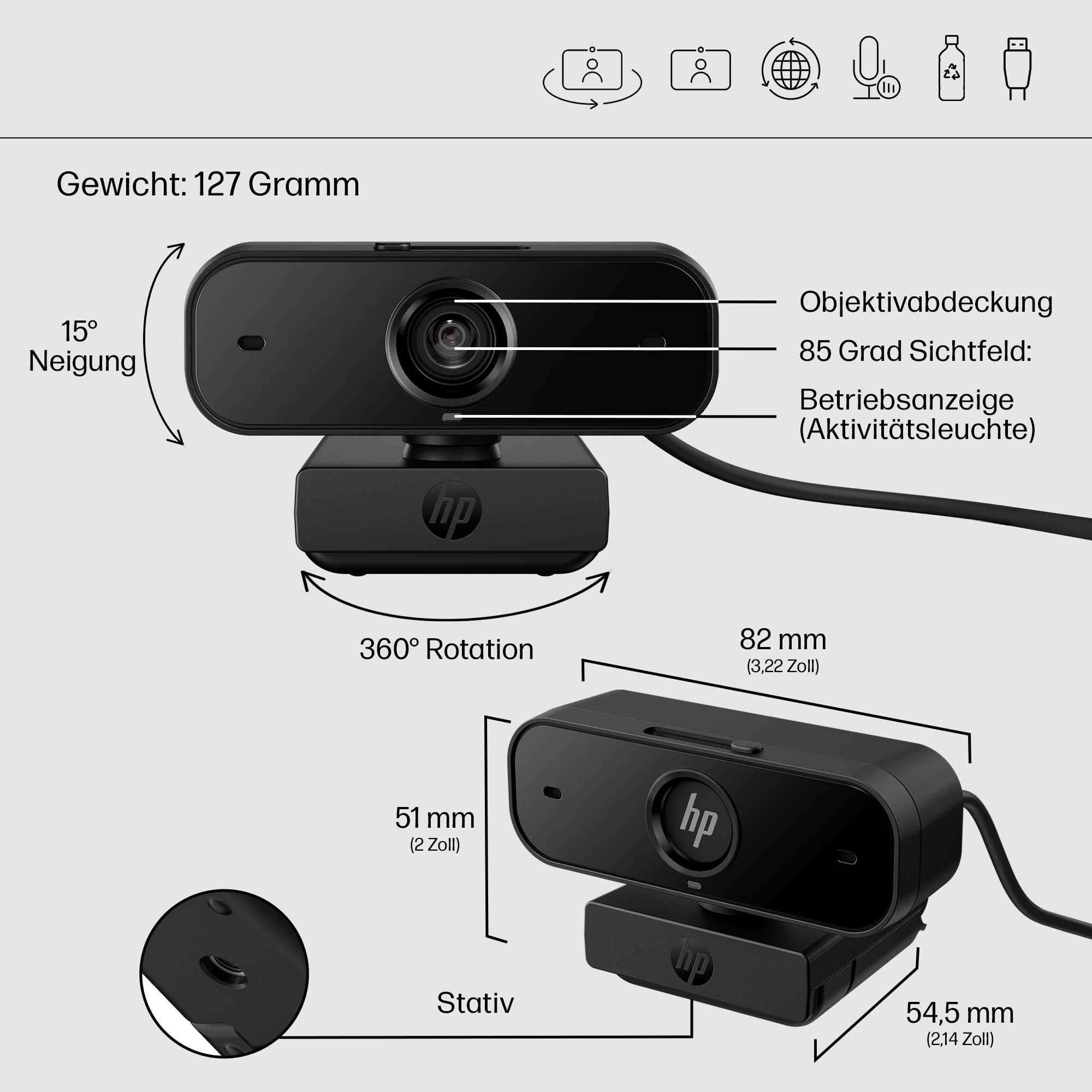 HP Kamera Internetowa FHD 1080p Autofokus 360° Mikrofon Zoom Czarna — miniatura 3