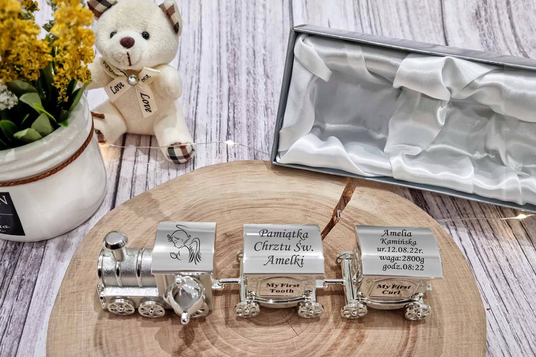 Szkatułka Pociąg z GRAWEREM Prezent Chrzest Roczek Producent Sovenir