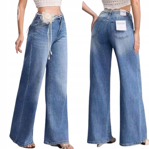 M.sara Módní Džínové Kalhoty Jednoduché Široké Nohavice Pásek Květ 34 Xs