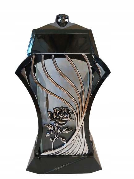 Velký hřbitovní svíčka 37 cm černý se stříbrnou růží – elegantní hřbitovní svíčka na hrob