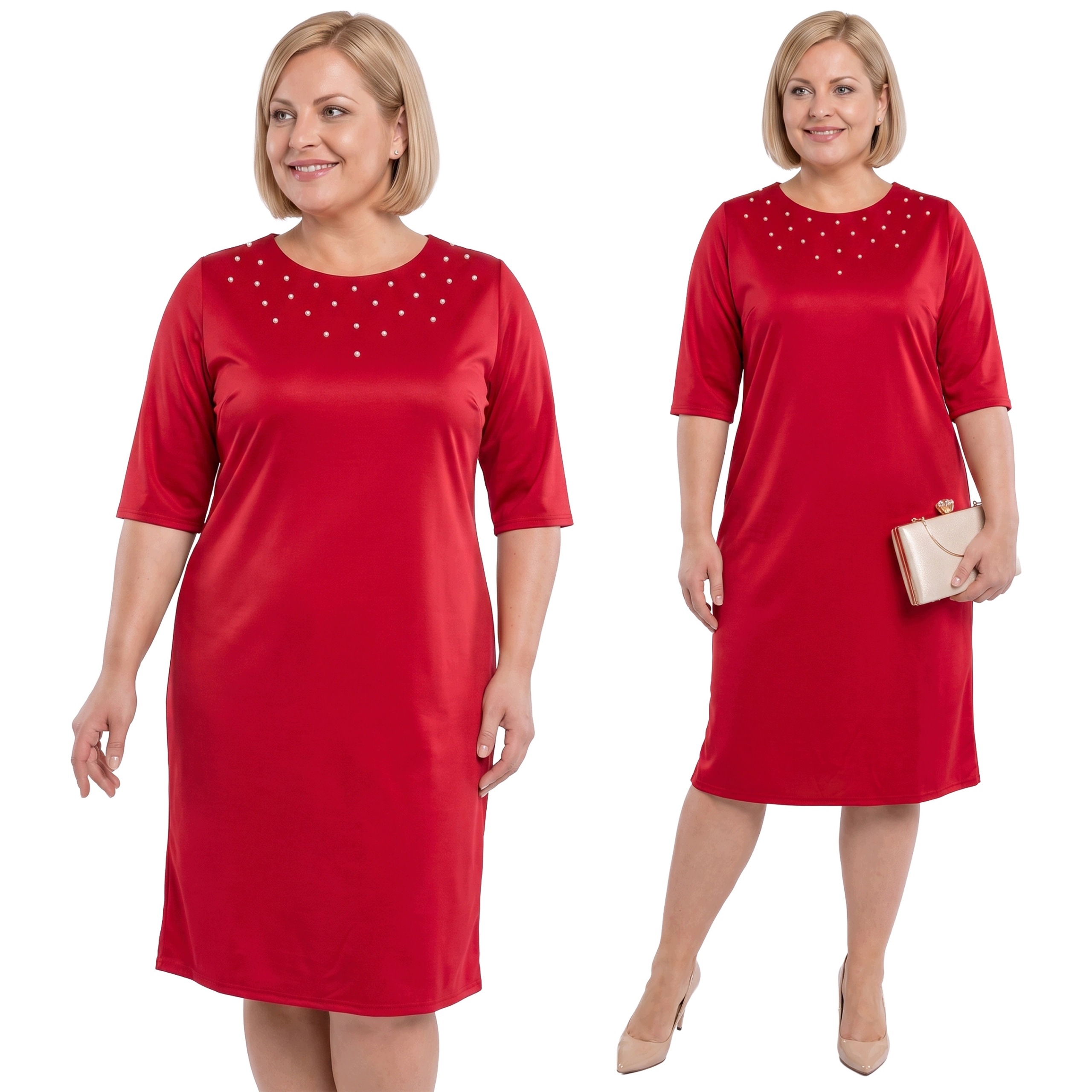 Červená šaty s perlami plus size velikost 56/58