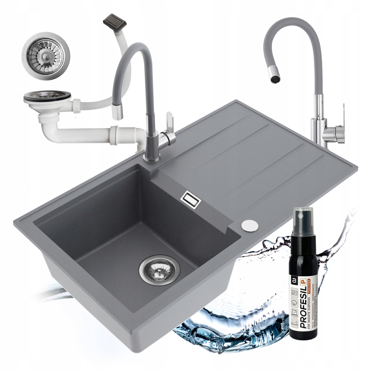 Granitový Kuchynský Drez Jednokomorový Flexibilná Batéria Sifón