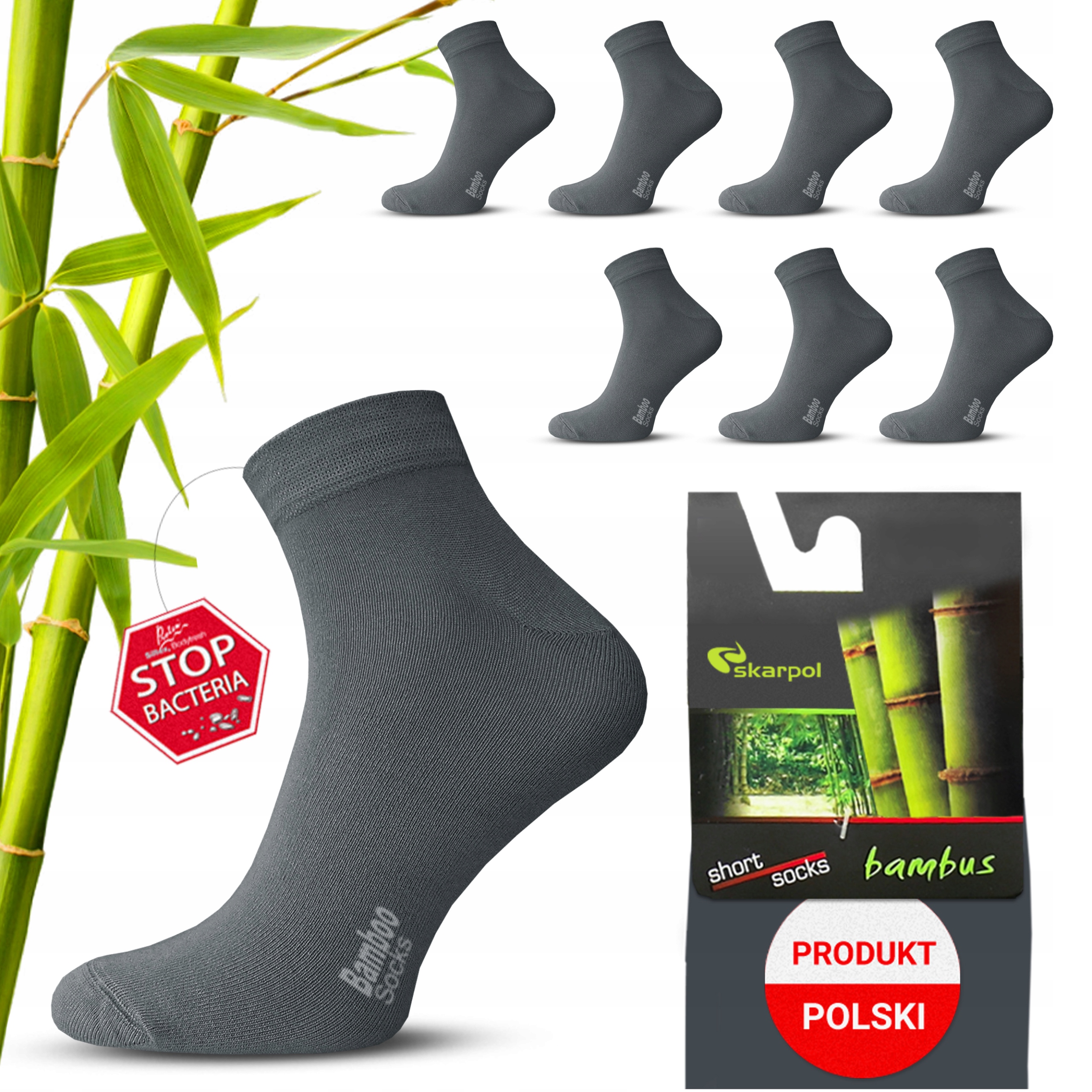 7x Skarpety męskie Bambusowe skarpetki krótkie zakostki szare Grafit *45-47