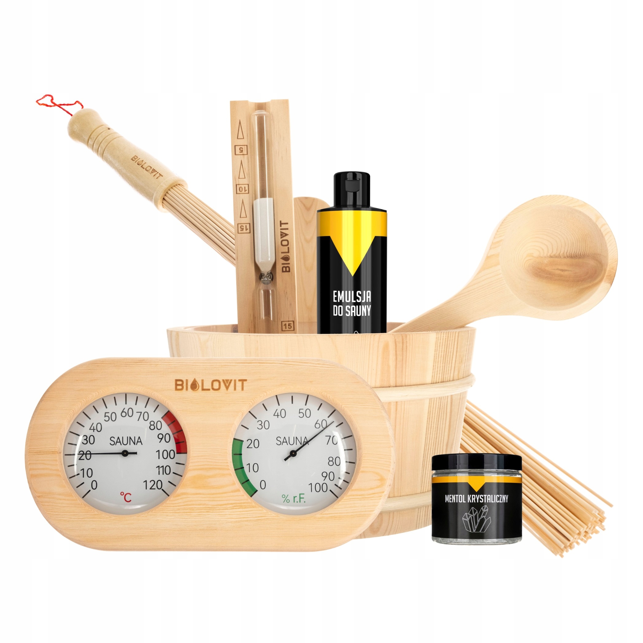 Sada príslušenstva pre saunu Vedro Teplomer Klepsydra Lyžica Mentol 7 el.