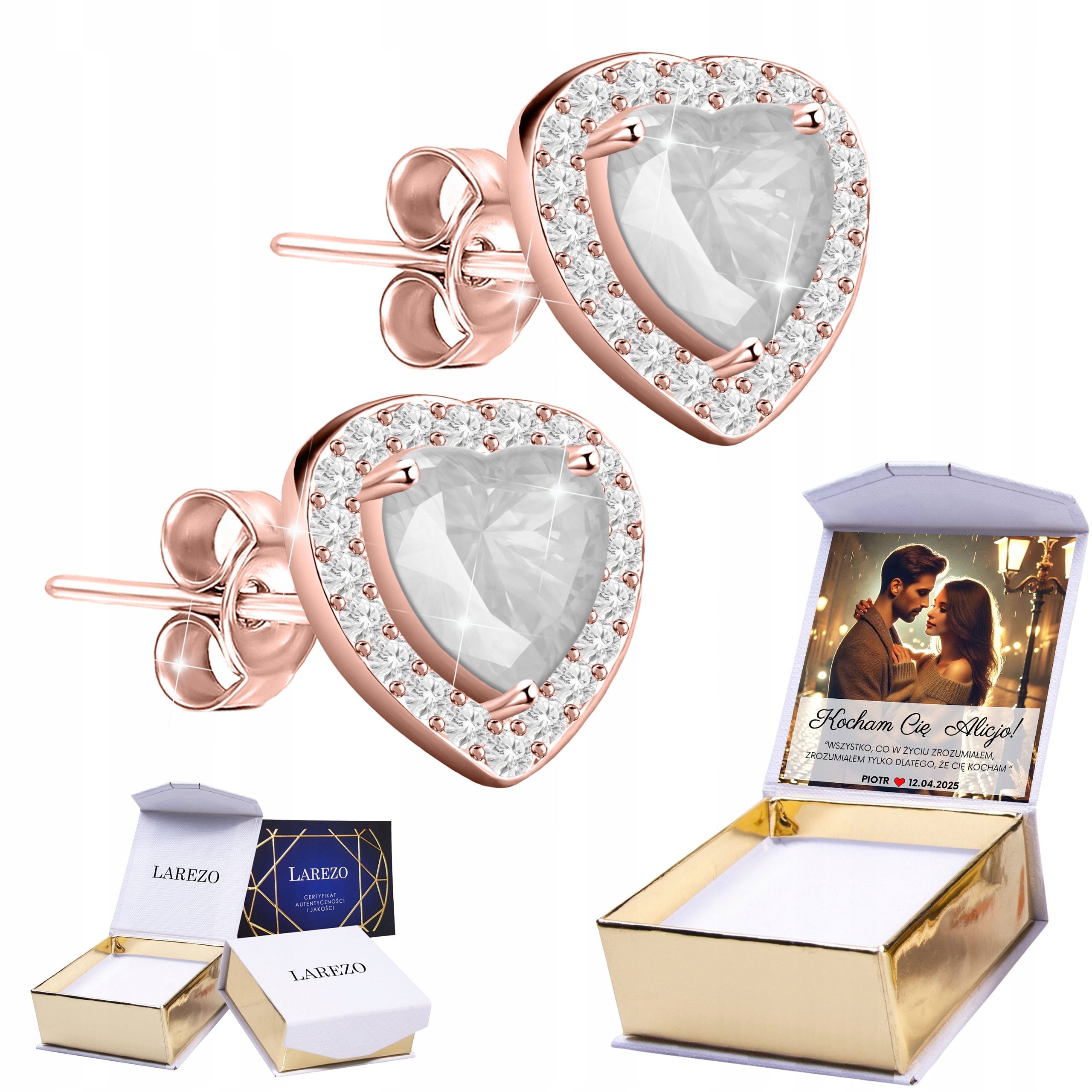 Náušnice Pozlacené na tyči Srdce Bílé Srdíčka Křišťály Potisk