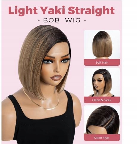 Asymetrická paruka s krajkou Jednoduchá Bob hnědá pramínky 30 cm WL2#