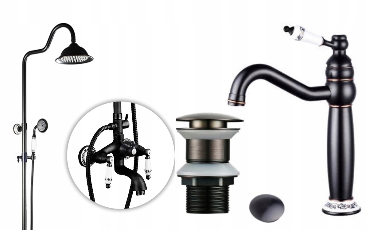 Čierna kúpeľňová batéria Old Retro Black sada