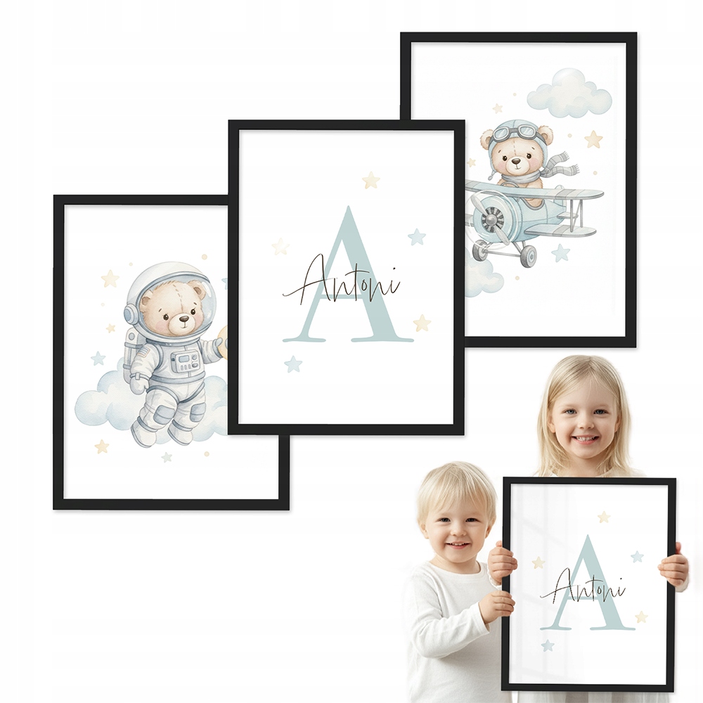 Sada 3 obrazov Medvedík Kosmos S Menom, čierny rámček 50x70 do detskej izby