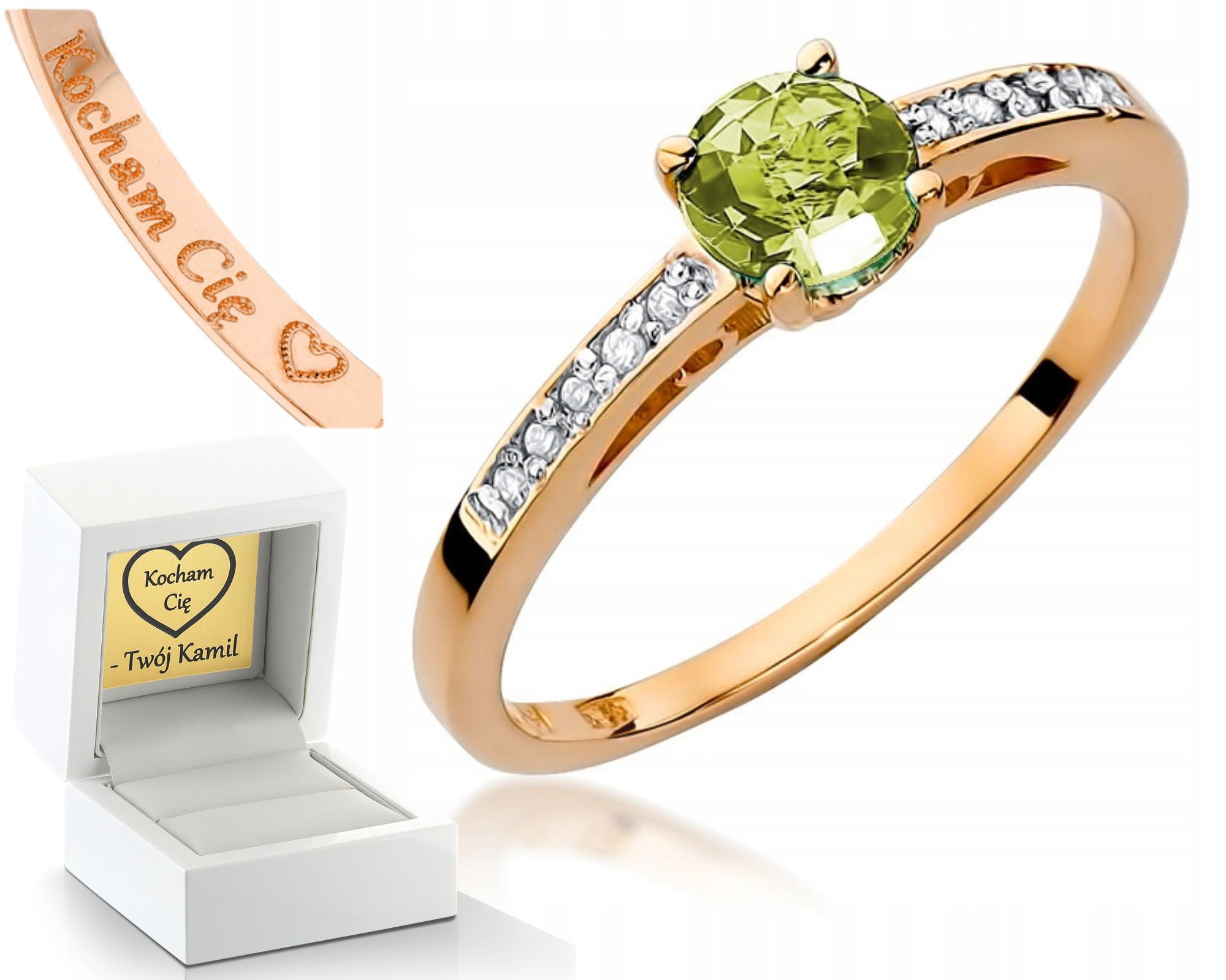 Prstýnek Z Růžového Zlata Olivín A Brilianty 585