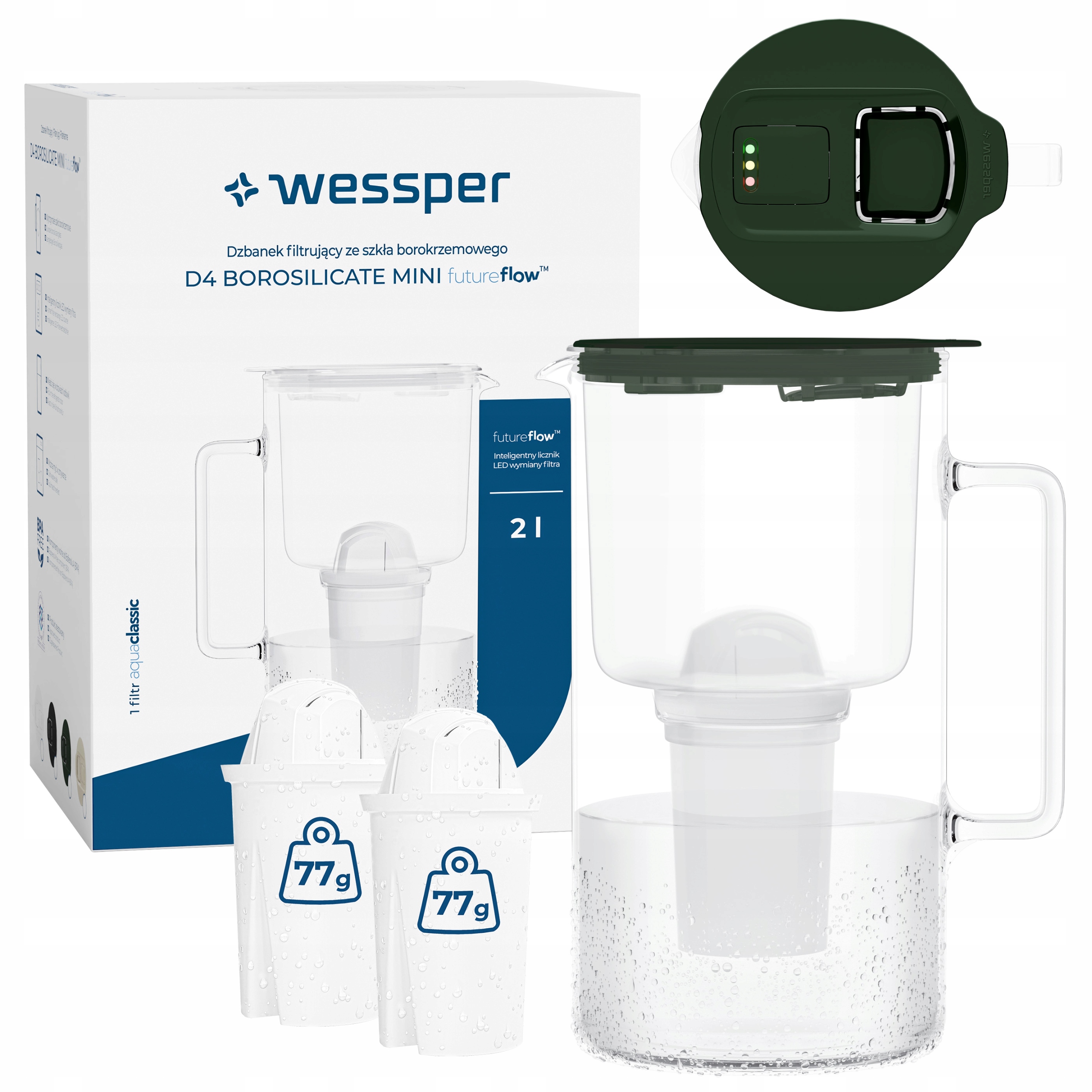 Dzbanek filtrujący szklany Wessper D4 Borosilicate Mini licznik 3x filtr