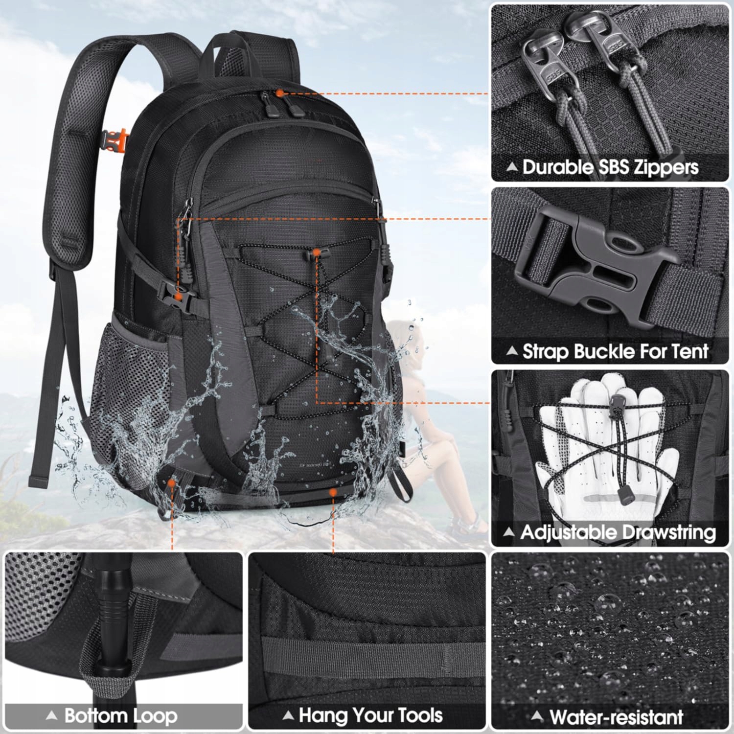 RAINSMORE 40L Wodoodporny Plecak Turystyczny Czarne — miniatura 6