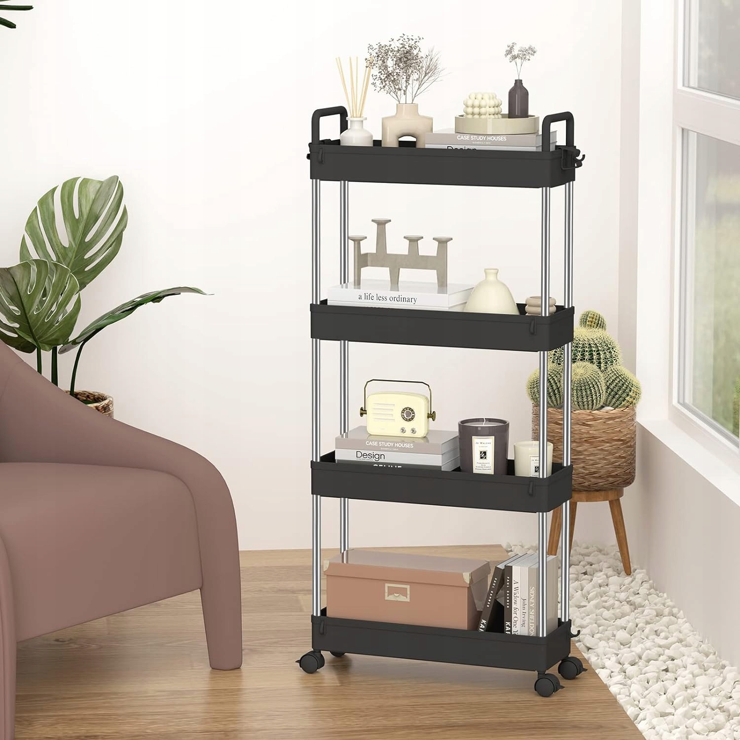 WĄSKA MOCNA PÓŁKA ŁAZIENKOWA KUCHENNA NA KÓŁKACH REGAŁ CZARNY SLIM Szerokość mebla 13 cm