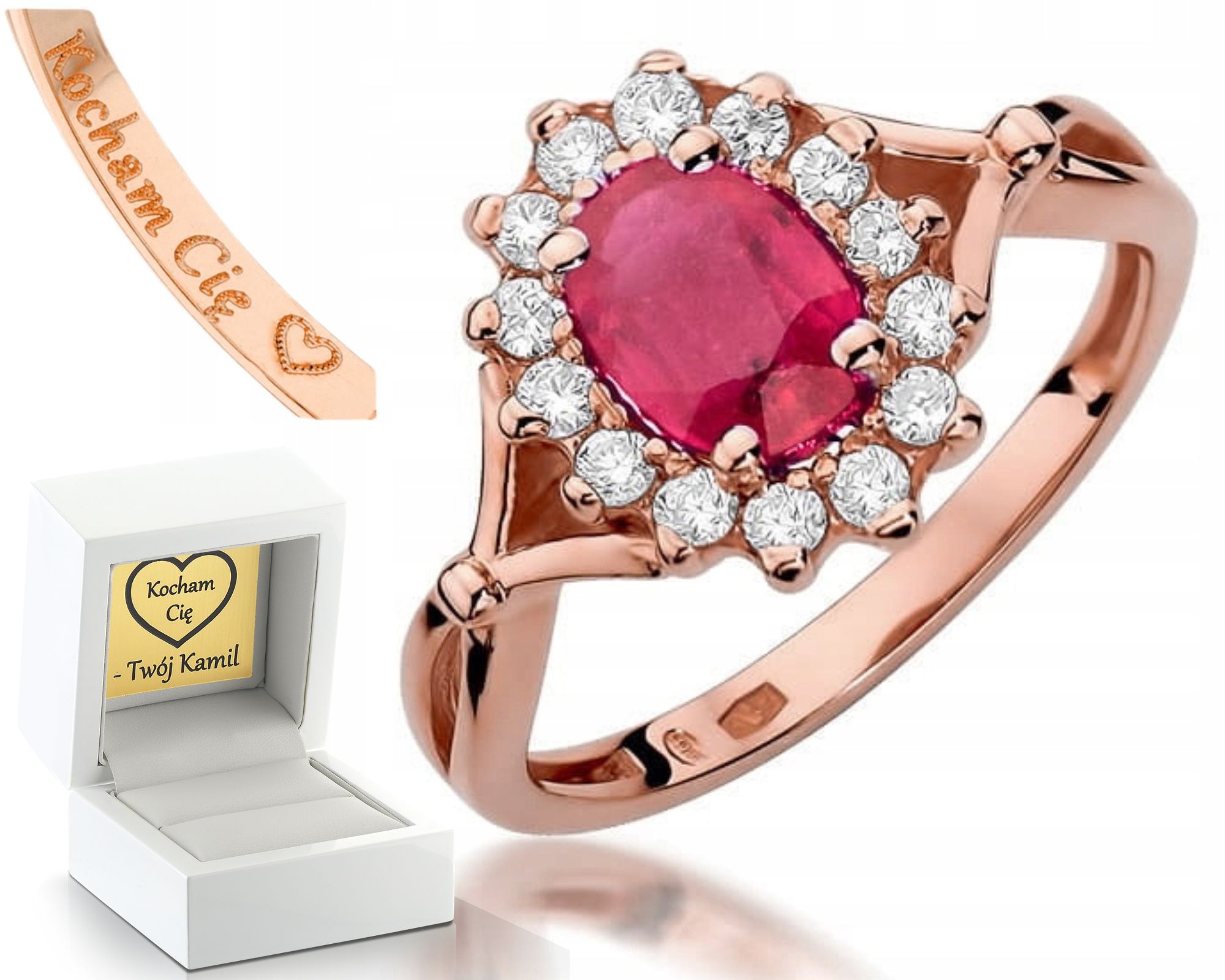 Zásnubní Prstýnek Rubín Brilianty Růžové Zlato Gravírování 585 Dárek