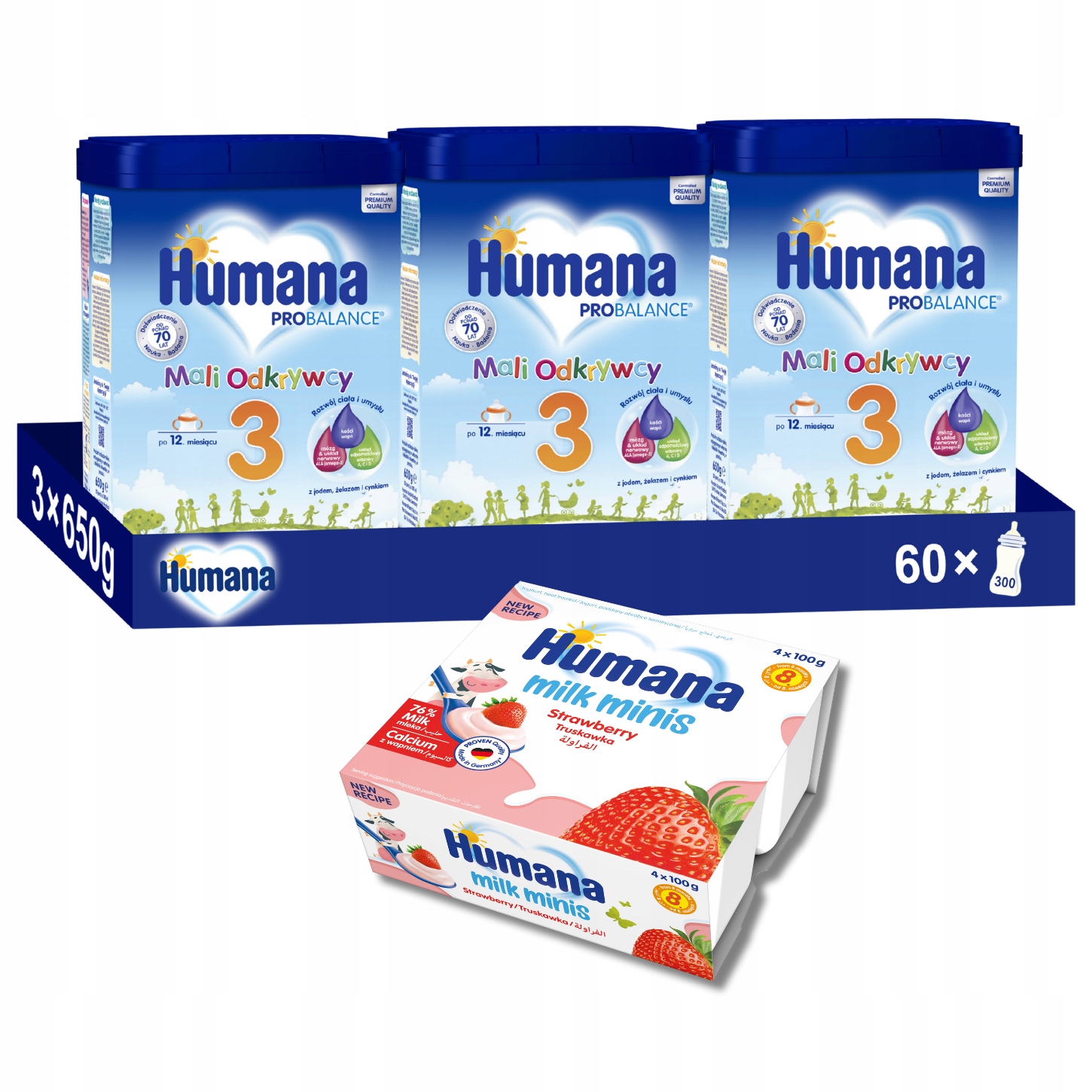 Zestaw Humana 3 mleko następne po 12 miesiącu 3x650g 1 deserek truskawka