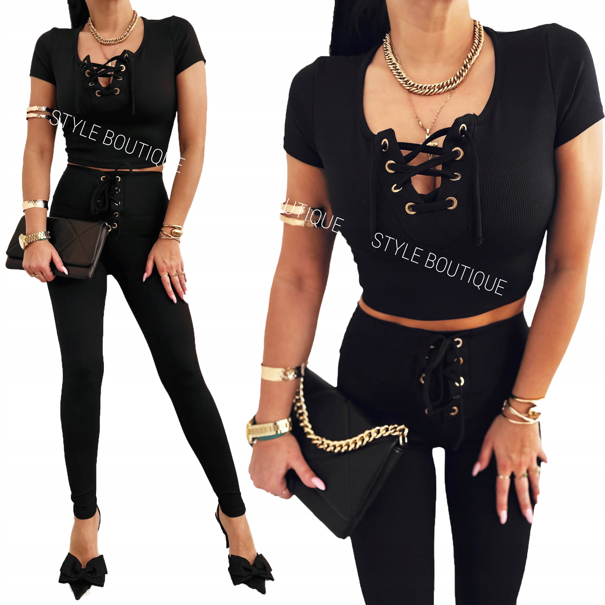 Komplet halenka se zavazováním na výstřihu legíny Černá žebrovaná M