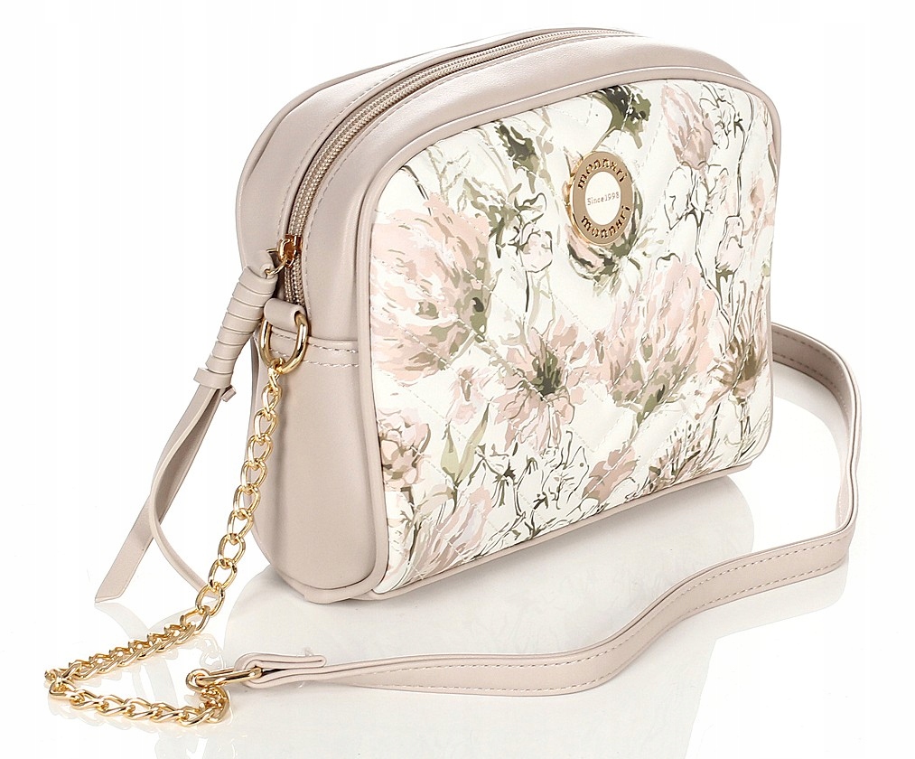 Monnari Zgrabna beżowa listonoszka w kwiaty na pasku z łańcuszkiem