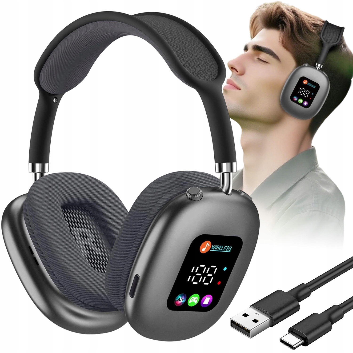 SŁUCHAWKI BEZPRZEWODOWE BLUETOOTH 5.4 NAUSZNE Z WYŚWIETLACZEM LED