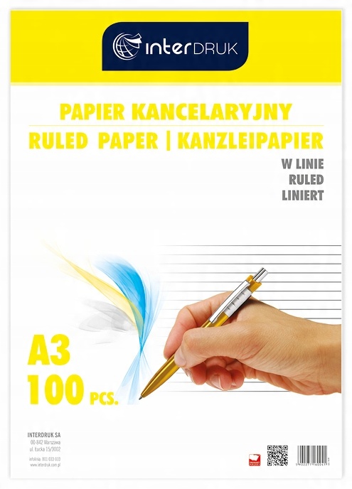 

Papier kancelaryjny w linię Interdruk A3 100kartek