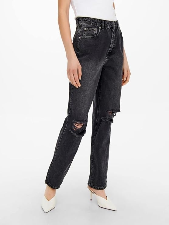 Only Černé Džíny Mom Jeans S Oděrkami A Vysokým Pasem 29/30 6FA