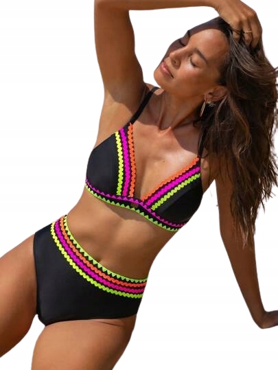 Shein Černé Dvoudílné Plavky S Neonovými Pruhy XL 1EB