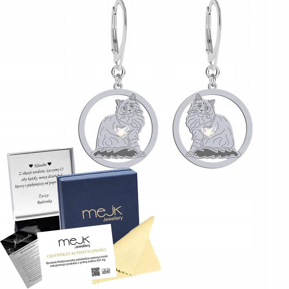 Stříbrné Náušnice se sibiřskou kočkou 925 Žena Šperky Dárek Gravírování