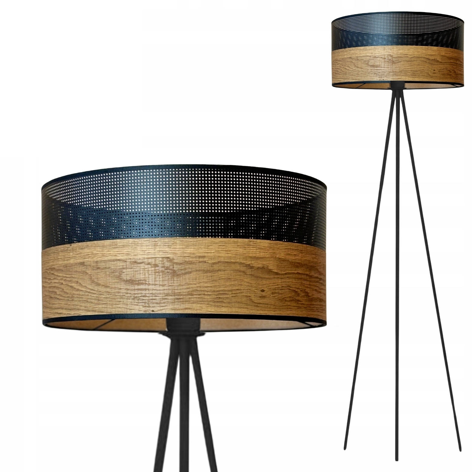 Lampa Stojąca Podłogowa Fornirowa Trójnóg Abażur LED E27 Nowoczesna Modna