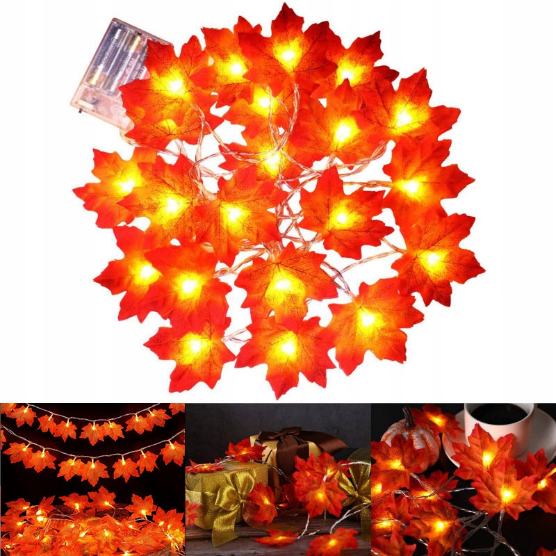 GIRLANDA ŚWIETLNA Z LIŚĆMI KLONU 6m 40 LED DO DOMU DEKORACAJA JESIEŃ