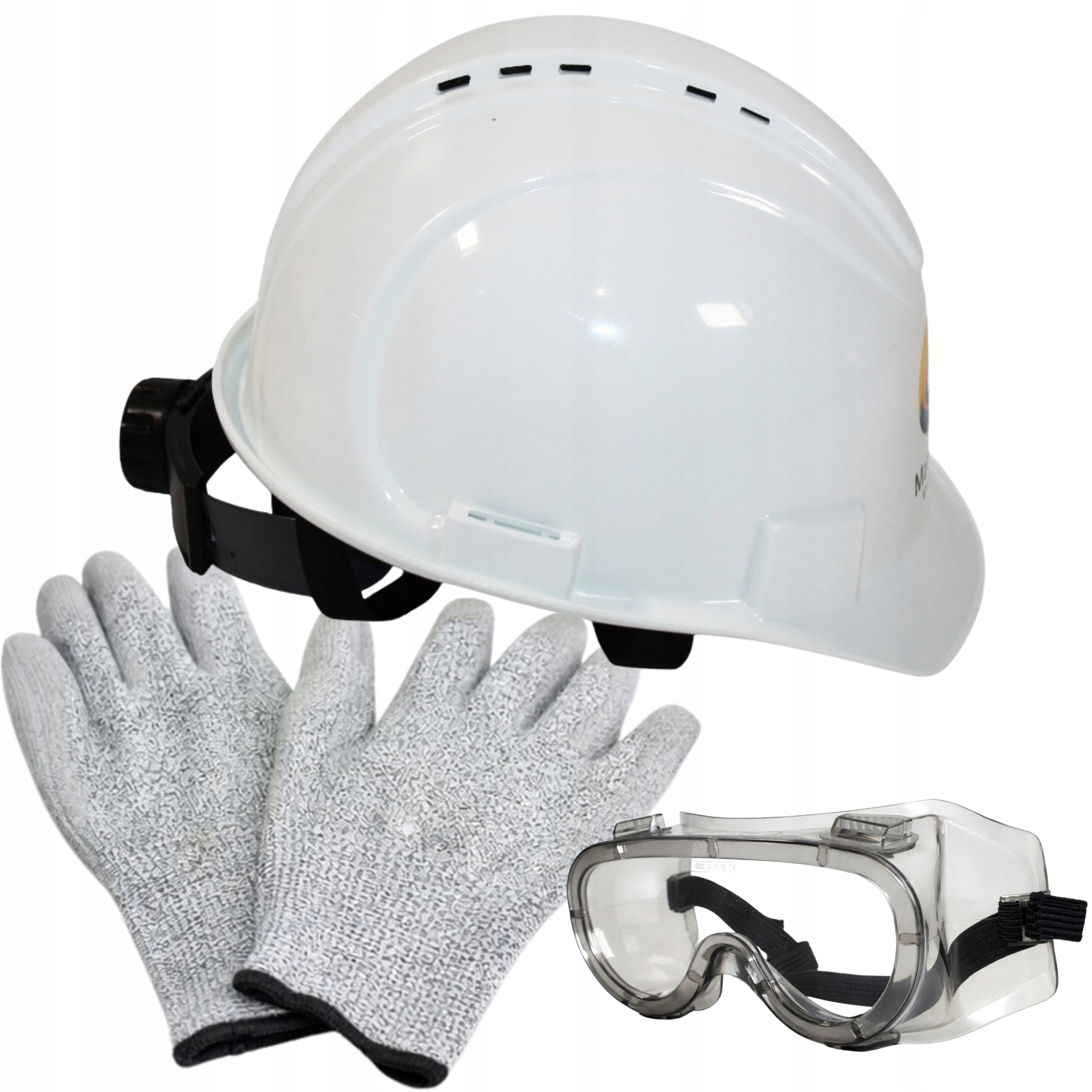 Bílá přilba ochranné brýle rukavice Stavební sada Bozp