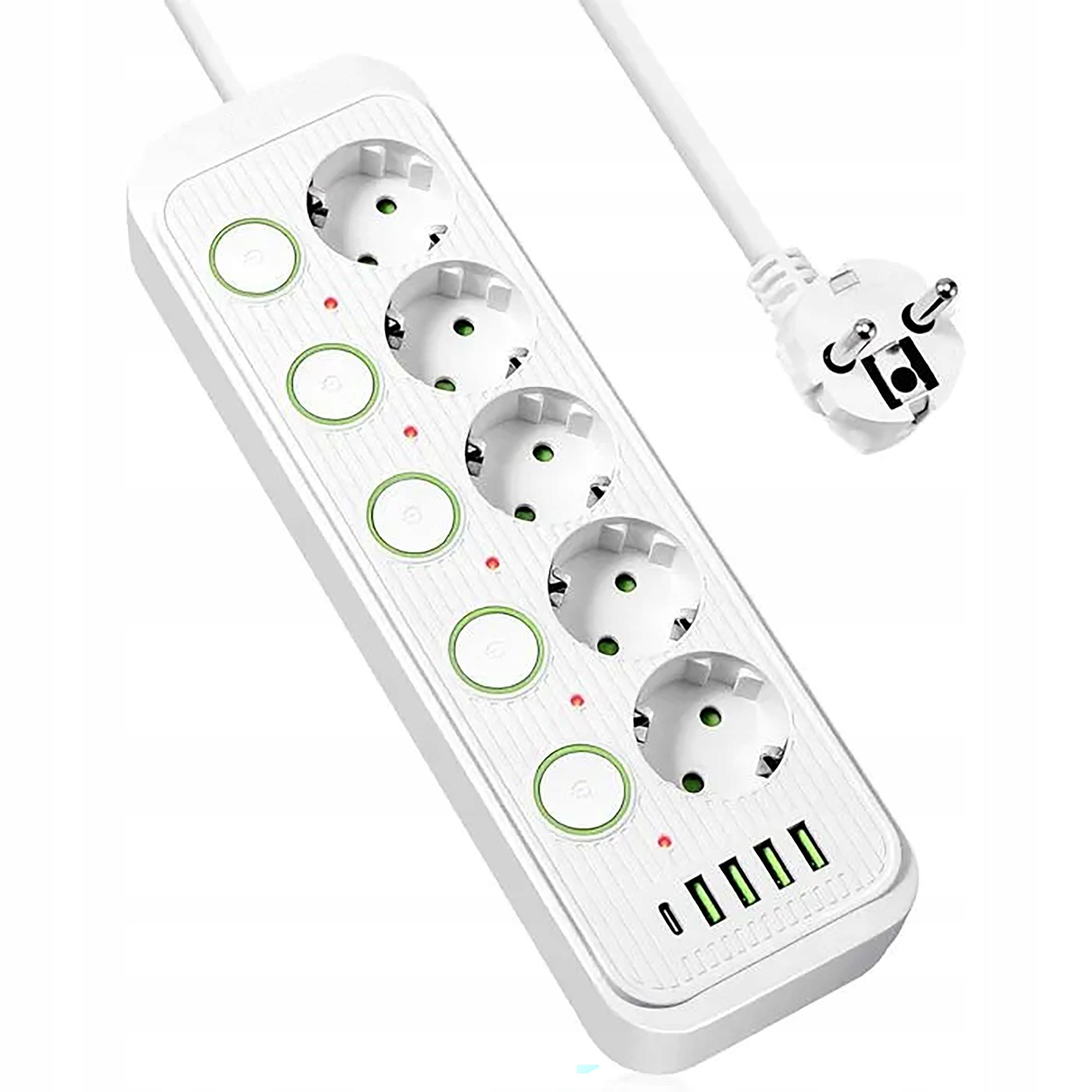 Przedłużacz 4x Usb 5 Gniazd 2m Usb Ładowarka Typ-c Biały Listwa Zasilająca