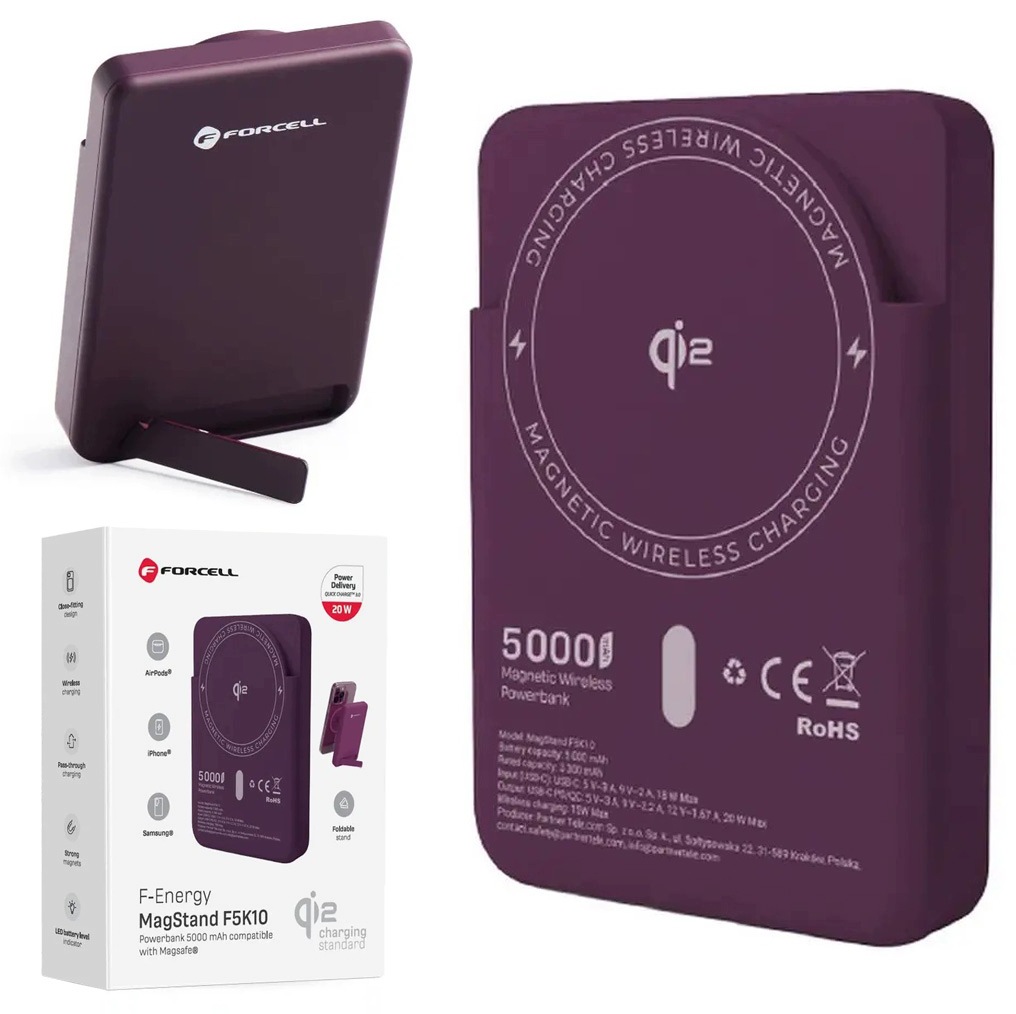 Powerbanka 20W MagSafe 15W Podstavec 5000mAh Burgundy pro iPhone 18 Pro Max