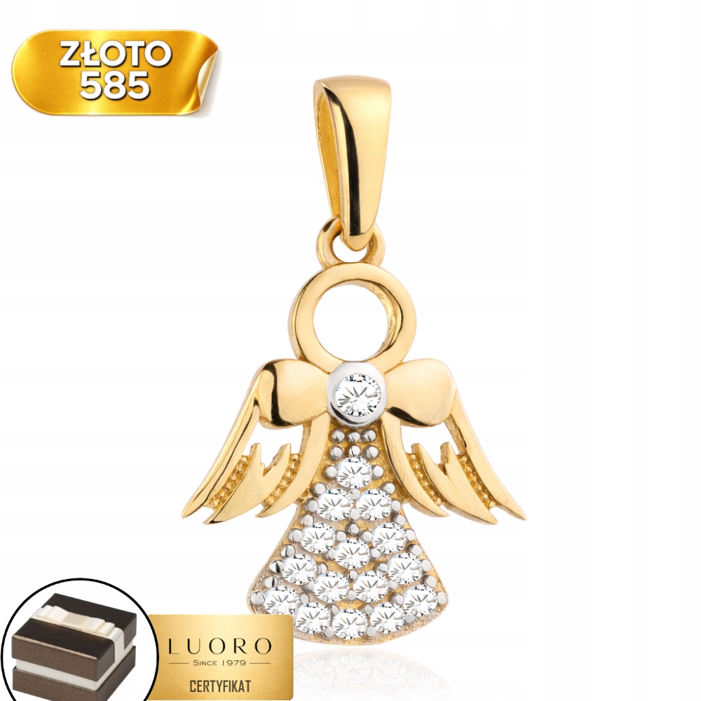 Zlatý Přívěsek 585 14K Andílek S Zirkony 18 MM Elegantní, Jemný