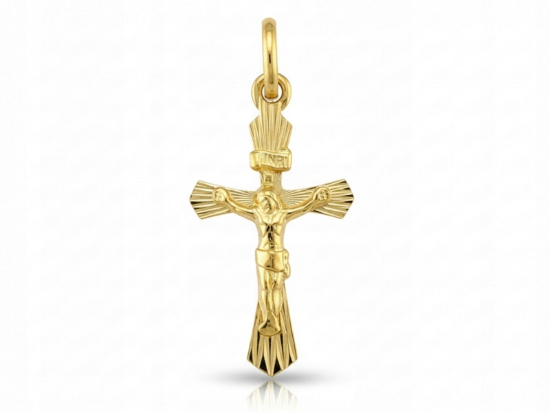 Zlatý diamantový křížek 585 Paprskový kříž s Ježíšem Pasyjkou 0,45 g