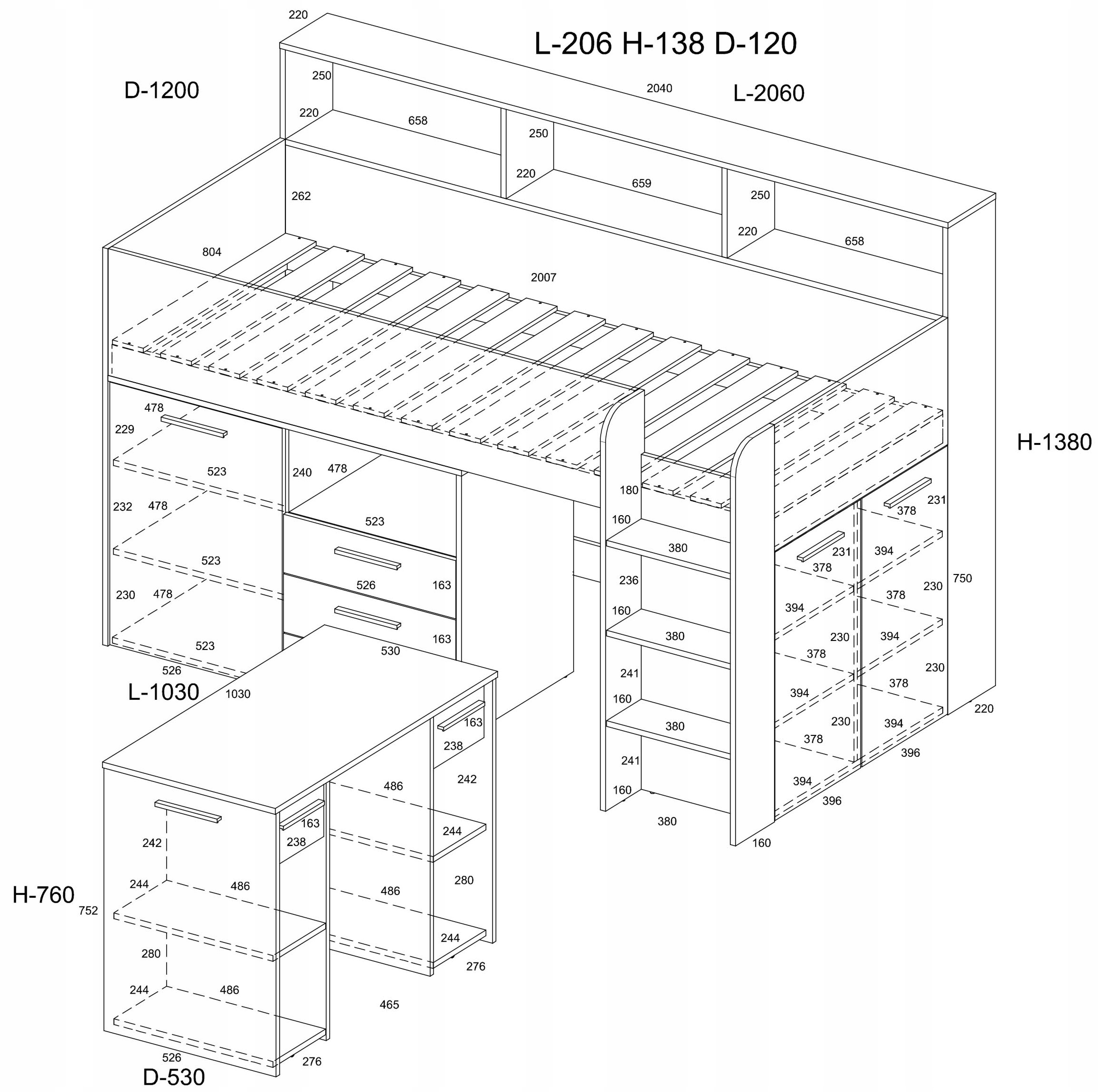 Łóżko piętrowe dziecięce młodzieżowe z biurkiem antresola ENO P biały błęki Kolekcja ENO